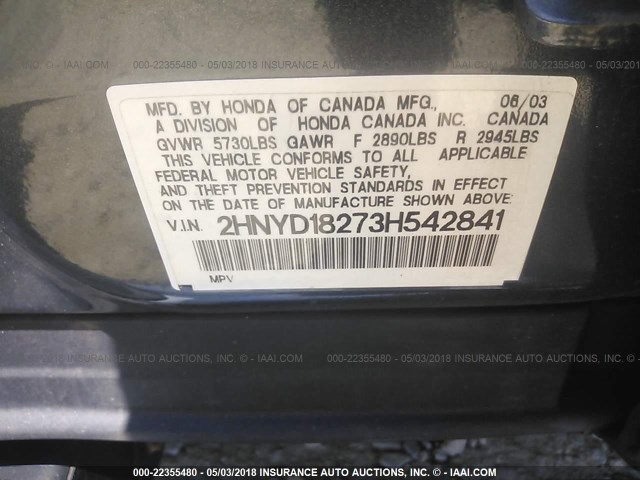 2HNYD18273H542841 - 2003 ACURA MDX GRAY photo 9