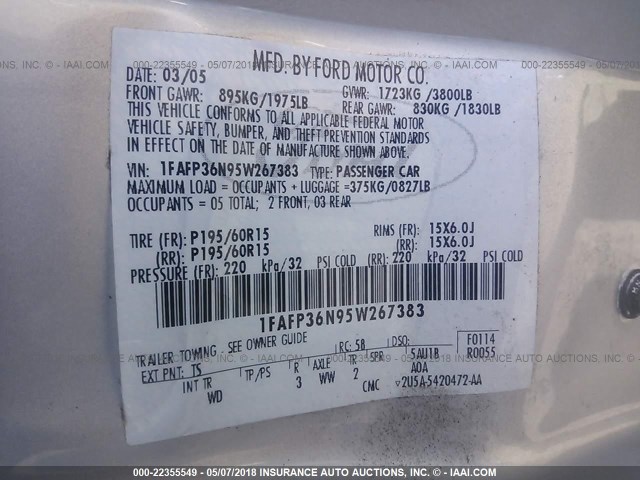 1FAFP36N95W267383 - 2005 FORD FOCUS ZXW GRAY photo 9