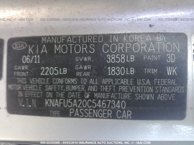 KNAFU5A20C5467340 - 2012 KIA FORTE EX Gümüş foto 9