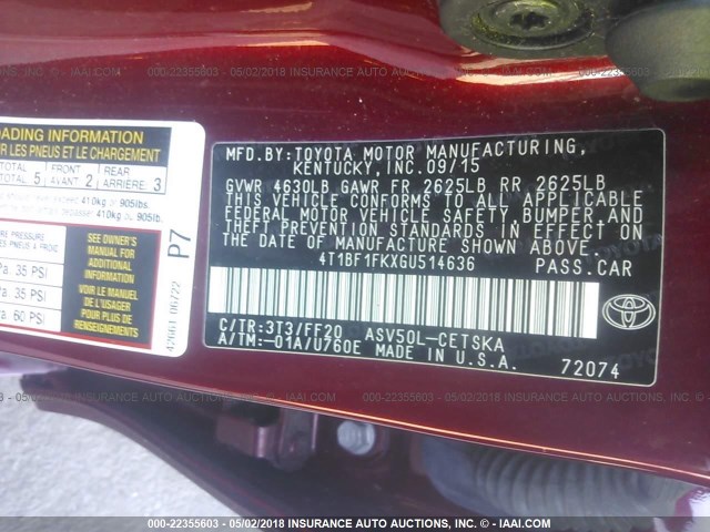 4T1BF1FKXGU514636 - 2016 TOYOTA CAMRY LE/XLE/SE/XSE BURGUNDY photo 9