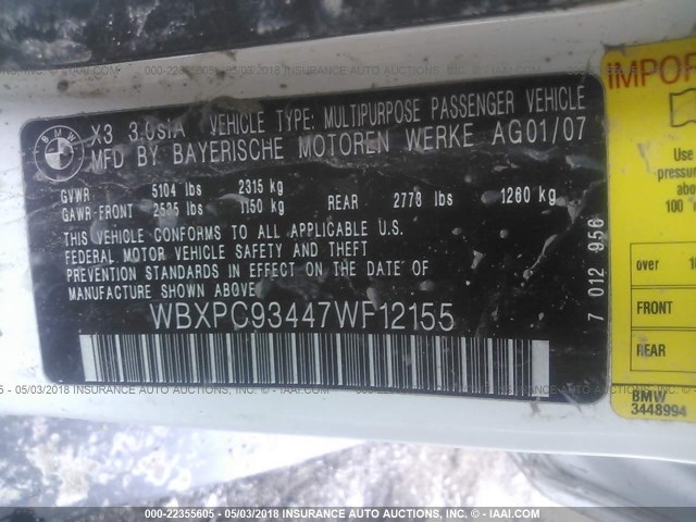 WBXPC93447WF12155 - 2007 BMW X3 3.0SI WHITE photo 9