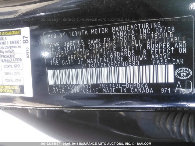 2T1KU40EX9C090583 - 2009 TOYOTA COROLLA MATRIX  BLACK photo 9