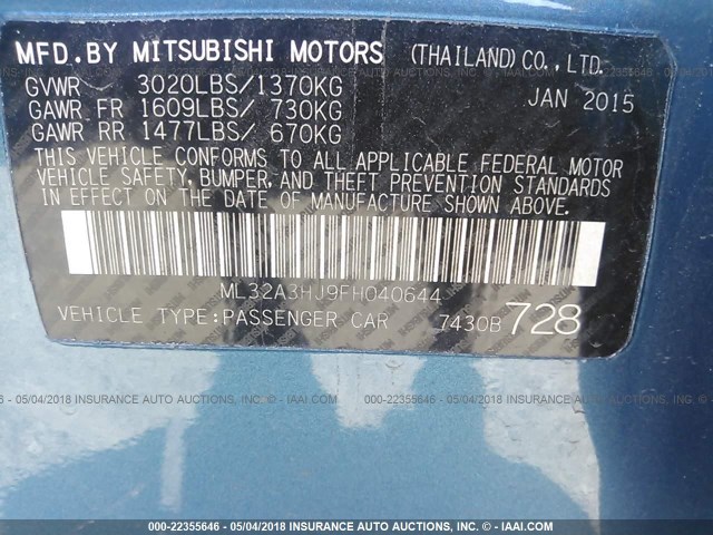 ML32A3HJ9FH040644 - 2015 MITSUBISHI MIRAGE DE BLUE photo 9