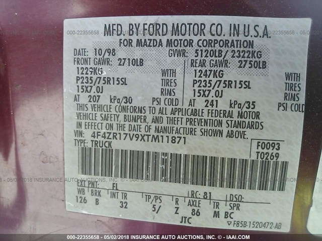 4F4ZR17V9XTM11871 - 1999 MAZDA B3000 CAB PLUS MAROON photo 9