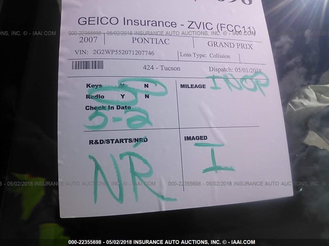 2G2WP552071207746 - 2007 PONTIAC GRAND PRIX RED photo 7