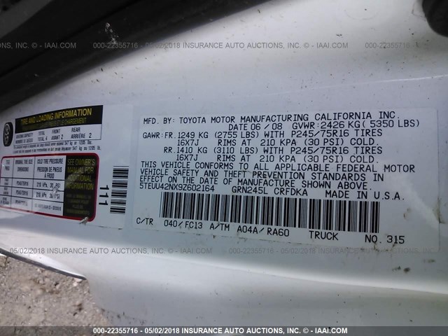 5TEUU42NX9Z602164 - 2009 TOYOTA TACOMA ACCESS CAB Ақ фото 9