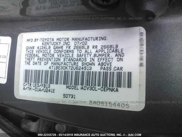 4T1BE30K72U624513 - 2002 TOYOTA CAMRY LE/XLE/SE Boz foto 9