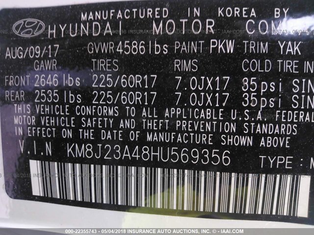 KM8J23A48HU569356 - 2017 HYUNDAI TUCSON SE WHITE photo 9