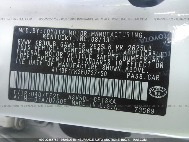 4T1BF1FK2EU727450 - 2014 TOYOTA CAMRY L/SE/LE/XLE 白色 照片 9