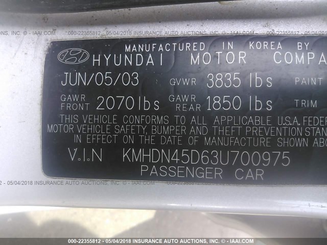 KMHDN45D63U700975 - 2003 HYUNDAI ELANTRA GLS/GT SILVER photo 9