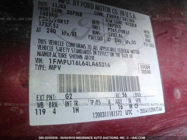 1FMPU16L64LA65316 - 2004 FORD EXPEDITION XLT RED photo 9