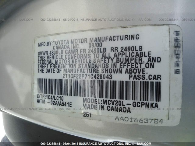 2T1CF22P71C428043 - 2001 TOYOTA CAMRY SOLARA SE/SLE SILVER photo 9