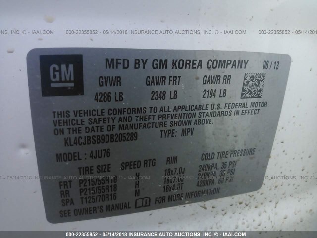 KL4CJBSB9DB205289 - 2013 BUICK ENCORE CONVENIENCE 白色 照片 9