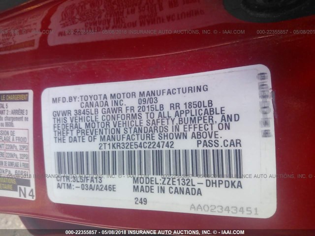 2T1KR32E54C224742 - 2004 TOYOTA COROLLA MATRIX XR RED photo 9