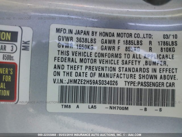 JHMZE2H59AS034026 - 2010 HONDA INSIGHT LX SILVER photo 9