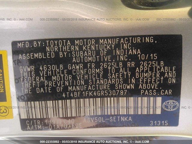 4T4BF1FK4GR530787 - 2016 TOYOTA CAMRY LE/XLE/SE/XSE 灰色 照片 9