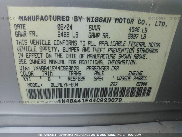 1N4BA41E44C923079 - 2004 NISSAN MAXIMA SE/SL SILVER photo 9