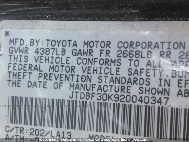 JTDBF30K920040347 - 2002 TOYOTA CAMRY LE/XLE/SE BLACK photo 9