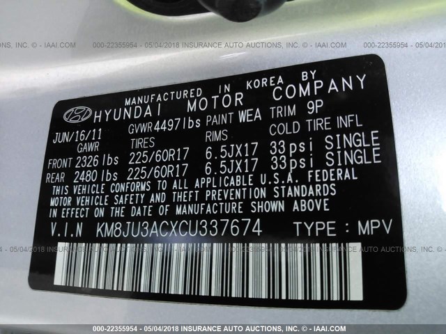 KM8JU3ACXCU337674 - 2012 HYUNDAI TUCSON GLS/LIMITED SILVER photo 9