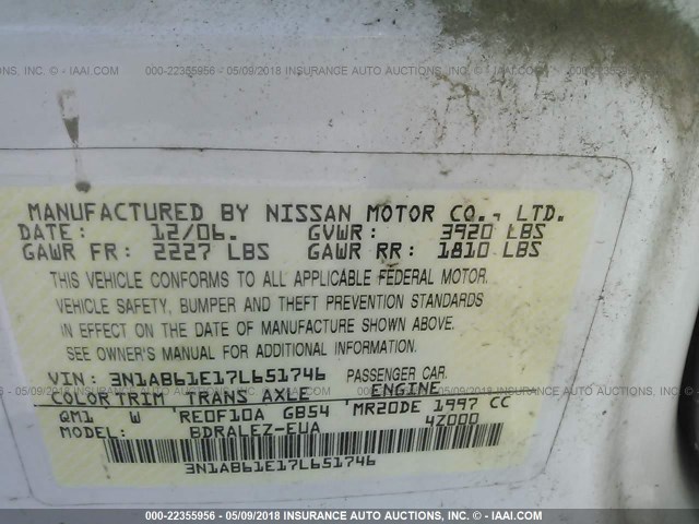 3N1AB61E17L651746 - 2007 NISSAN SENTRA 2.0/2.0S/2.0SL WHITE photo 9