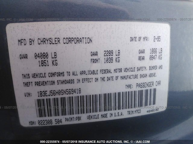 1B3EJ56H0SN569418 - 1995 DODGE STRATUS ES BLUE photo 9