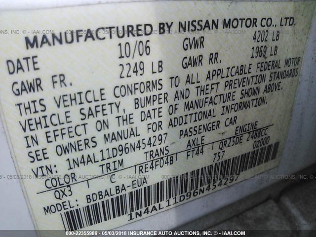 1N4AL11D96N454297 - 2006 NISSAN ALTIMA S/SL WHITE photo 9