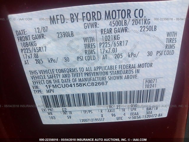 1FMCU04158KC82667 - 2008 FORD ESCAPE LIMITED RED photo 9