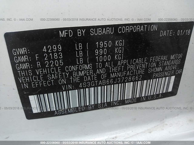 4S3GTAB66J3728662 - 2018 SUBARU IMPREZA PREMIUM WHITE photo 9