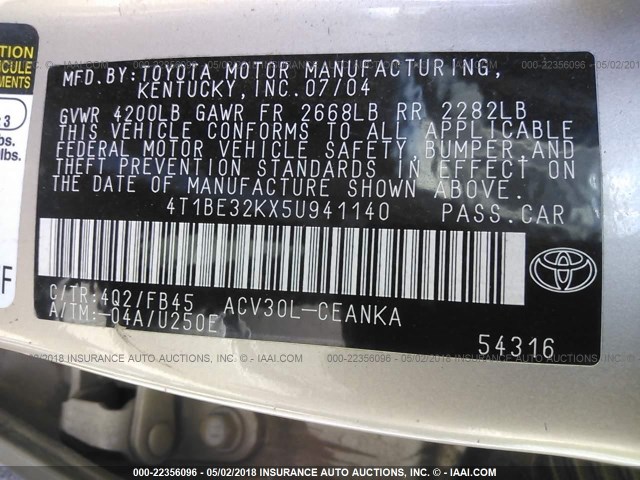4T1BE32KX5U941140 - 2005 TOYOTA CAMRY LE/XLE/SE Qızıl foto 9