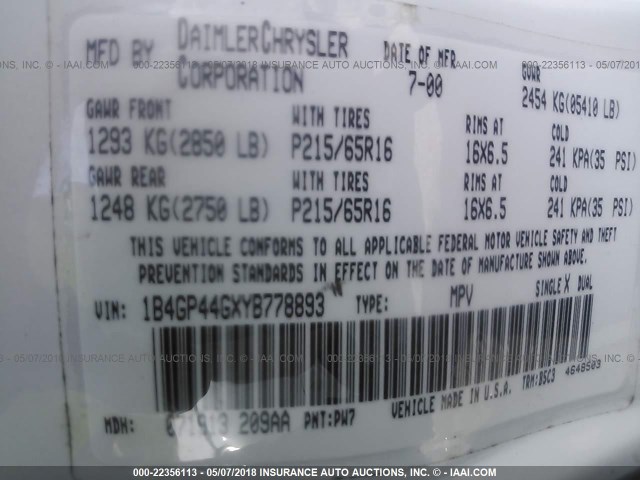 1B4GP44GXYB778893 - 2000 DODGE GRAND CARAVAN SE/SPORT WHITE photo 9