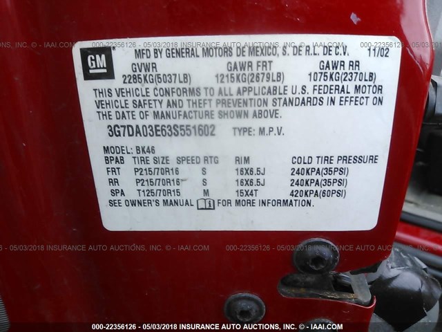 3G7DA03E63S551602 - 2003 PONTIAC AZTEK RED photo 9