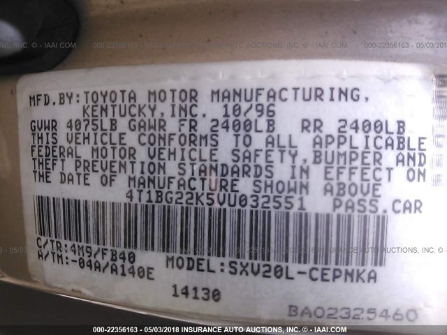 4T1BG22K5VU032551 - 1997 TOYOTA CAMRY CE/LE/XLE GOLD photo 9