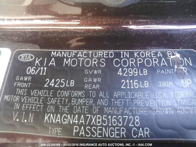 KNAGN4A7XB5163728 - 2011 KIA OPTIMA EX/SX MAROON photo 9