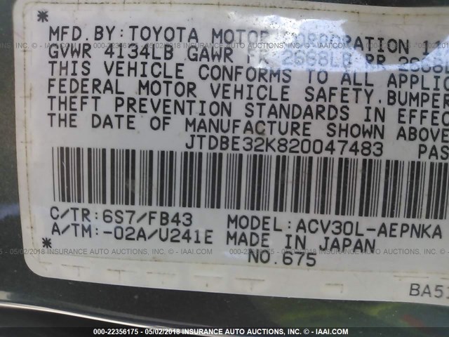 JTDBE32K820047483 - 2002 TOYOTA CAMRY LE/XLE/SE 绿色 照片 9
