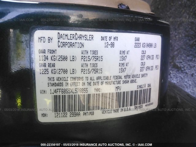 1J4FF68S5XL570855 - 1999 JEEP CHEROKEE SPORT/CLASSIC მწვანე ფოტო 9