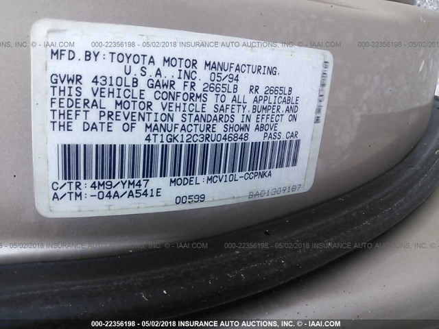 4T1GK12C3RU046848 - 1994 TOYOTA CAMRY LE TAN photo 9