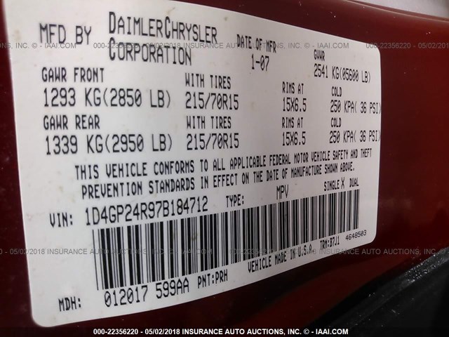 1D4GP24R97B184712 - 2007 DODGE GRAND CARAVAN SE RED photo 9