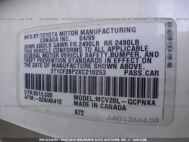 2T1CF28P2XC210253 - 1999 TOYOTA CAMRY SOLARA SE/SLE თეთრი ფოტო 9