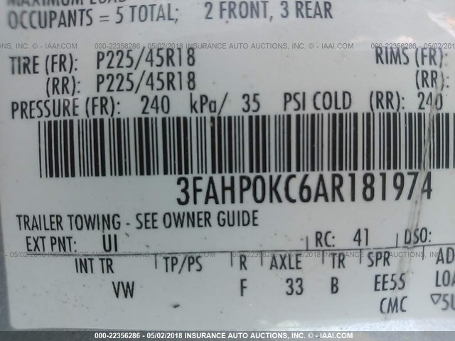 3FAHP0KC6AR181974 - 2010 FORD FUSION SILVER photo 9