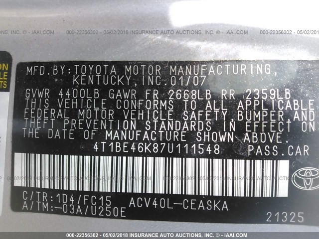 4T1BE46K87U111548 - 2007 TOYOTA CAMRY NEW GENERAT CE/LE/XLE/SE SILVER photo 9