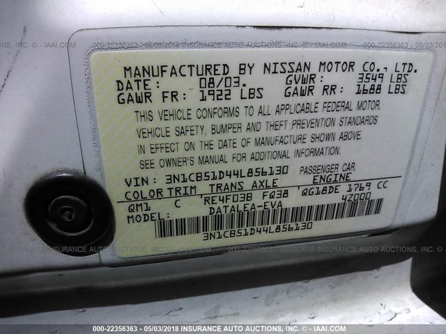 3N1CB51D44L856130 - 2004 NISSAN SENTRA 1.8/1.8S WHITE photo 9