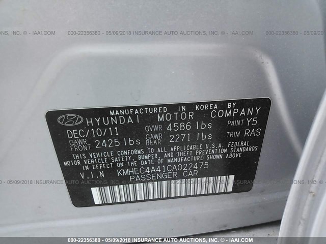 KMHEC4A41CA022475 - 2012 HYUNDAI SONATA HYBRID SILVER photo 9