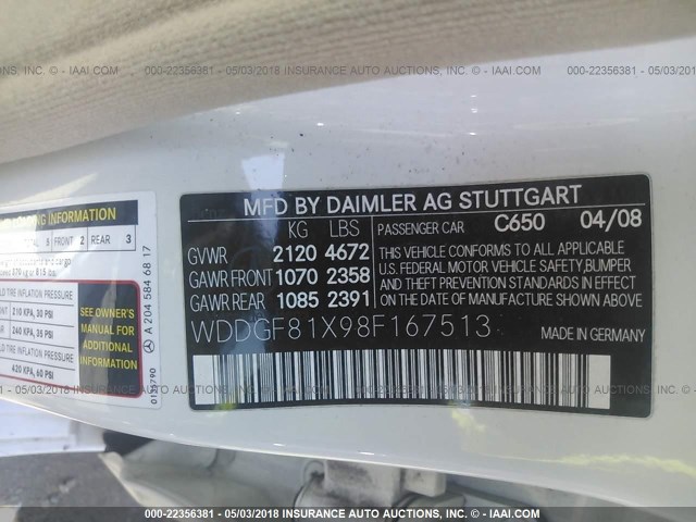 WDDGF81X98F167513 - 2008 MERCEDES-BENZ C 300 4MATIC WHITE photo 9