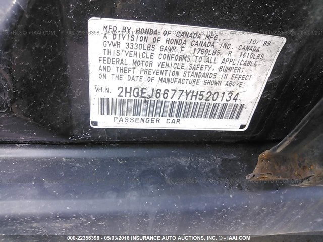 2HGEJ6677YH520134 - 2000 HONDA CIVIC LX BLACK photo 9