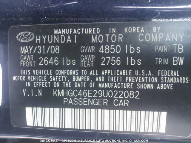 KMHGC46E29U022082 - 2009 HYUNDAI GENESIS 3.8L BLUE photo 9