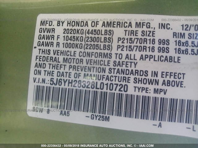 5J6YH28328L010720 - 2008 HONDA ELEMENT LX GREEN photo 9