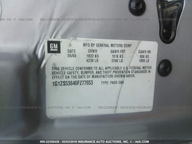 1G1ZS53846F277653 - 2006 CHEVROLET MALIBU LS 银色 照片 9