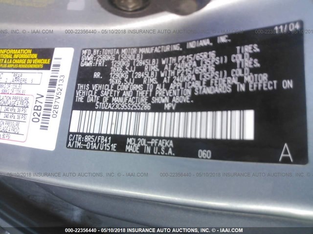 5TDZA23C95S255286 - 2005 TOYOTA SIENNA CE/LE BLUE photo 9