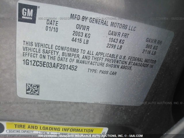 1G1ZC5E03AF201452 - 2010 CHEVROLET MALIBU 1LT 棕色 照片 9