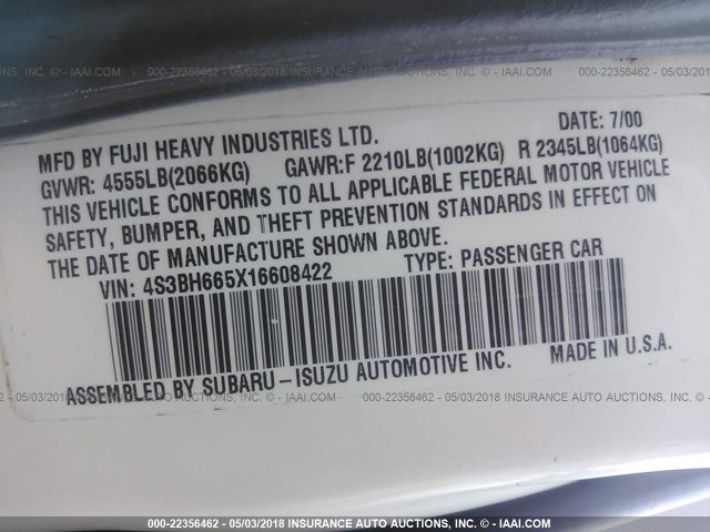 4S3BH665X16608422 - 2001 SUBARU LEGACY OUTBACK WHITE photo 9